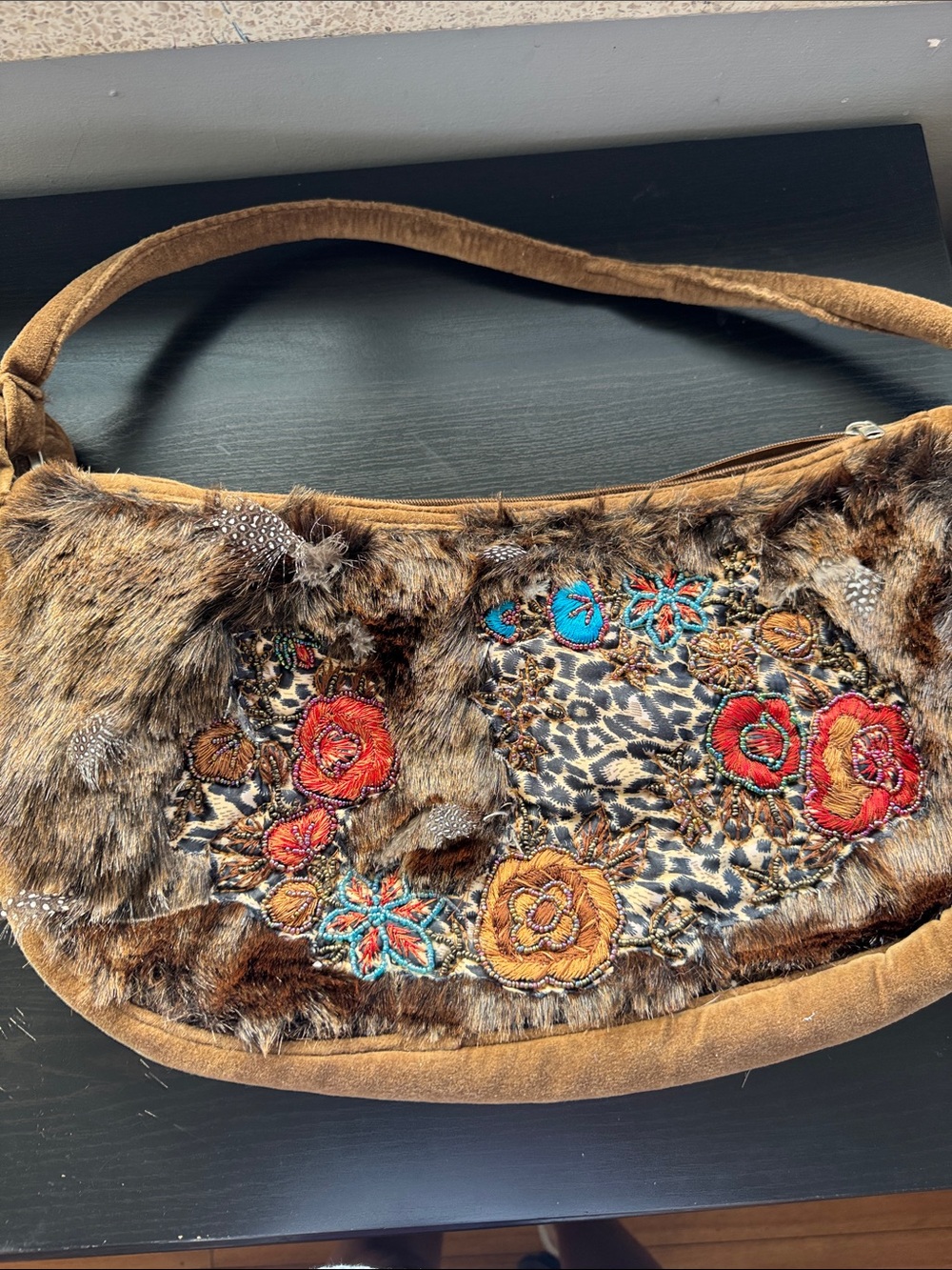 Embroidered Faux Fur Shoulder Bag in Brown made in India